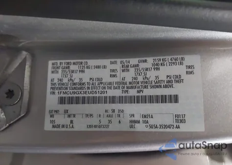 2014 Ford Escape Se из США, поврежденный, VIN 1FMCU9GX3EUD51201